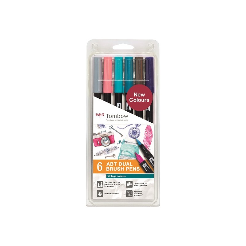 Set of 6 Tombow Colors Dual Brush VINTAGE Markers for Art and Drawing