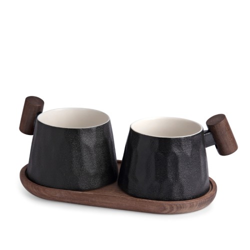 set of 2 cups of fine porcelain with wooden coaster