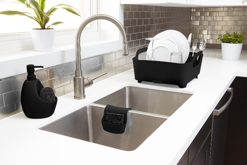 dispenser elegante per sapone con porta oggetti